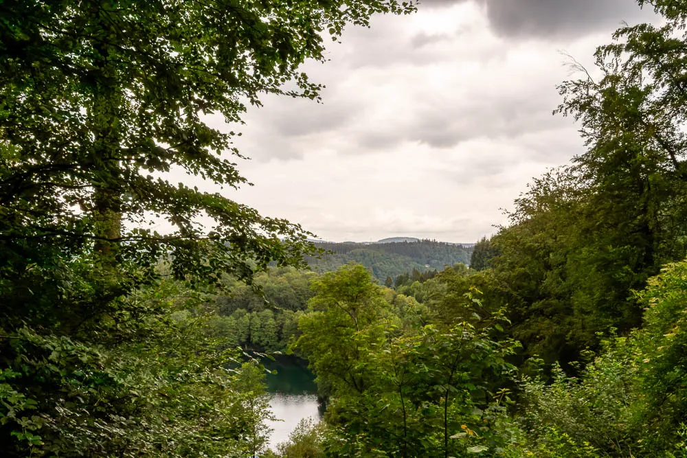 Blick durch den Wald auf das Gemündener Maar in der Vulkaneifel.