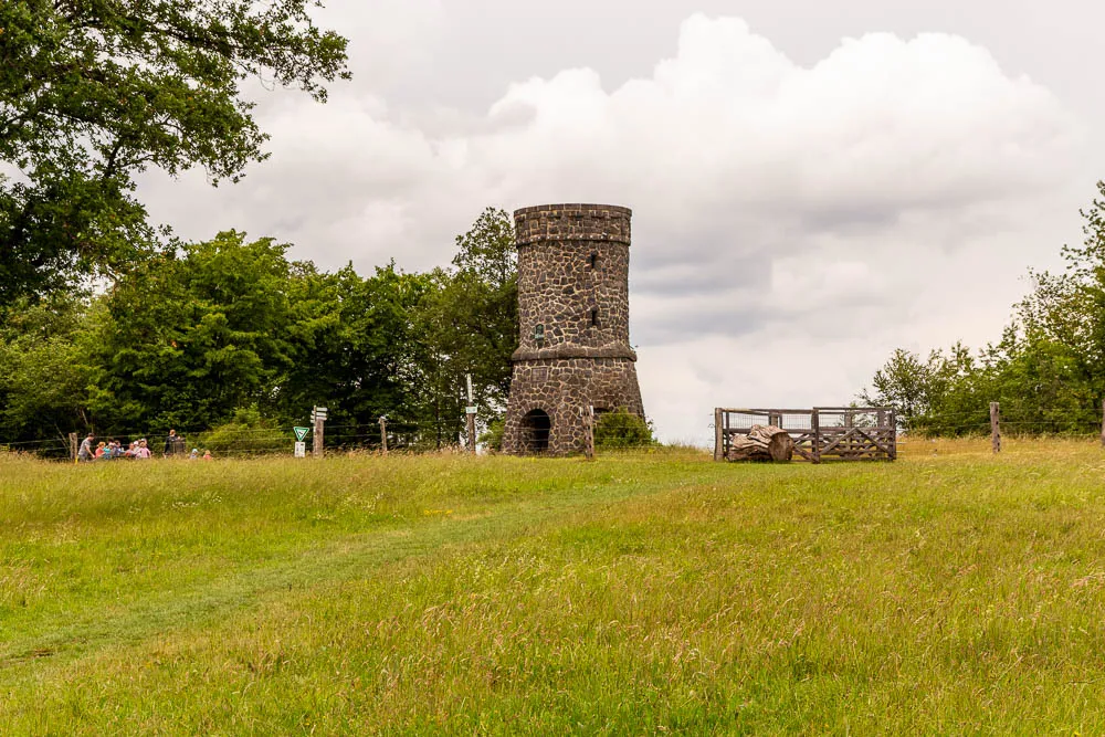 Der Dronketurm auf dem Mäuseberg inmitten einer Wiesenlandschaft der Vulkaneifel.