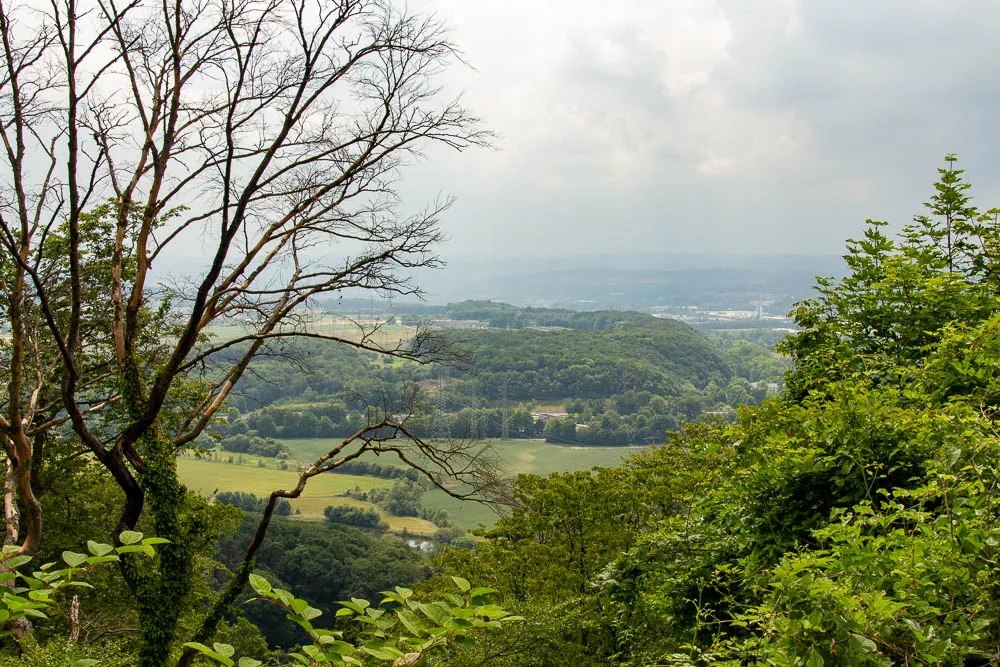 Blick vom Kirchhof von St. Peter über bewaldete Hügel, Felder und das Ruhrtal.